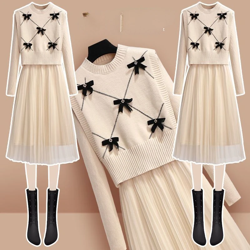 Woman Suit Fashion Loose Sweater High Waist Mid Length Skirt Female Two-piece Set Ladies  Elegant Streetwear  G902