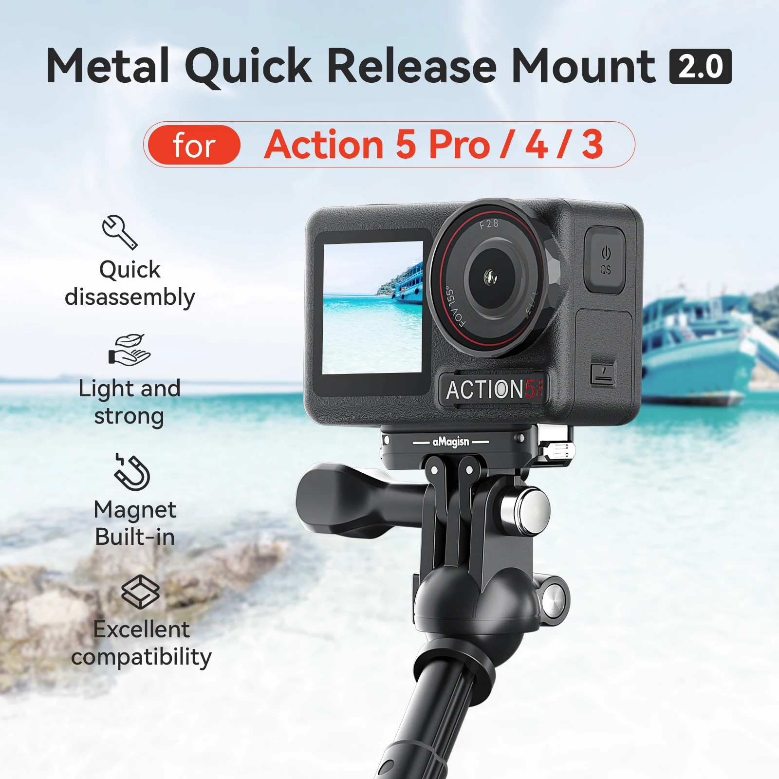 aMagisn Metal Quick Release Mount 2.0 Magnetic For DJI Osmo Action 5 Pro 4/3 OSMO 360 II/Osmo 360 Aluminum Alloy Camera Base