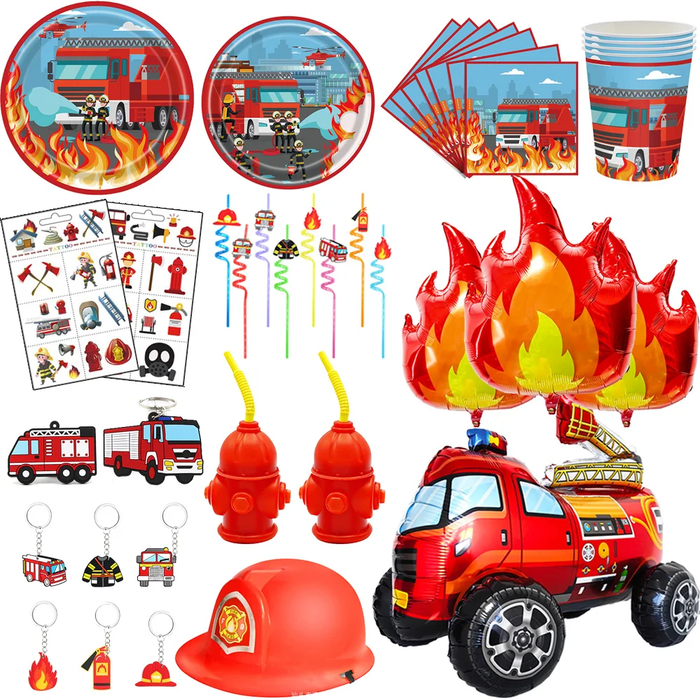 Firefighter Party Favors Fire Truck Tableware Drinking Straws Cups Keychains for Firefighter Birthday Party Decorations Supplies