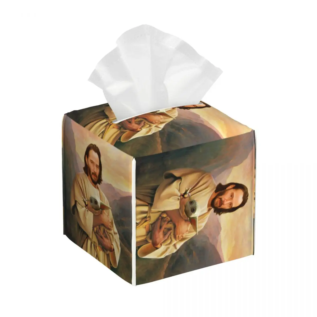 Custom Jesus Saint Keanu Reeves And Baby Tissue Box Cover Square PU Leather Facial Tissue Box Holder for Bathroom Toilet