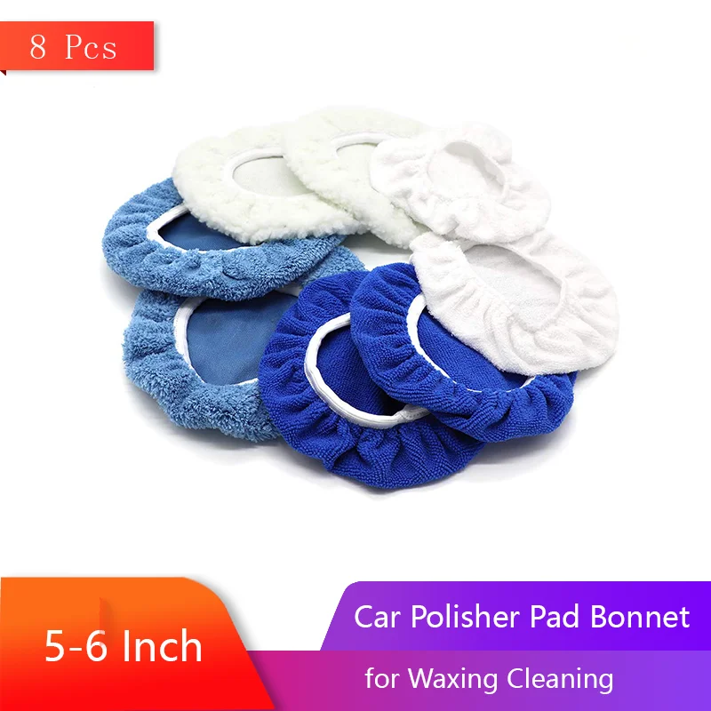 

8 Pcs Car Polisher Pad Bonnet 5 Inch & 6 Inch Woollen Cotton Microfiber Coral Fleece for Waxing Cleaning and Polishing Function