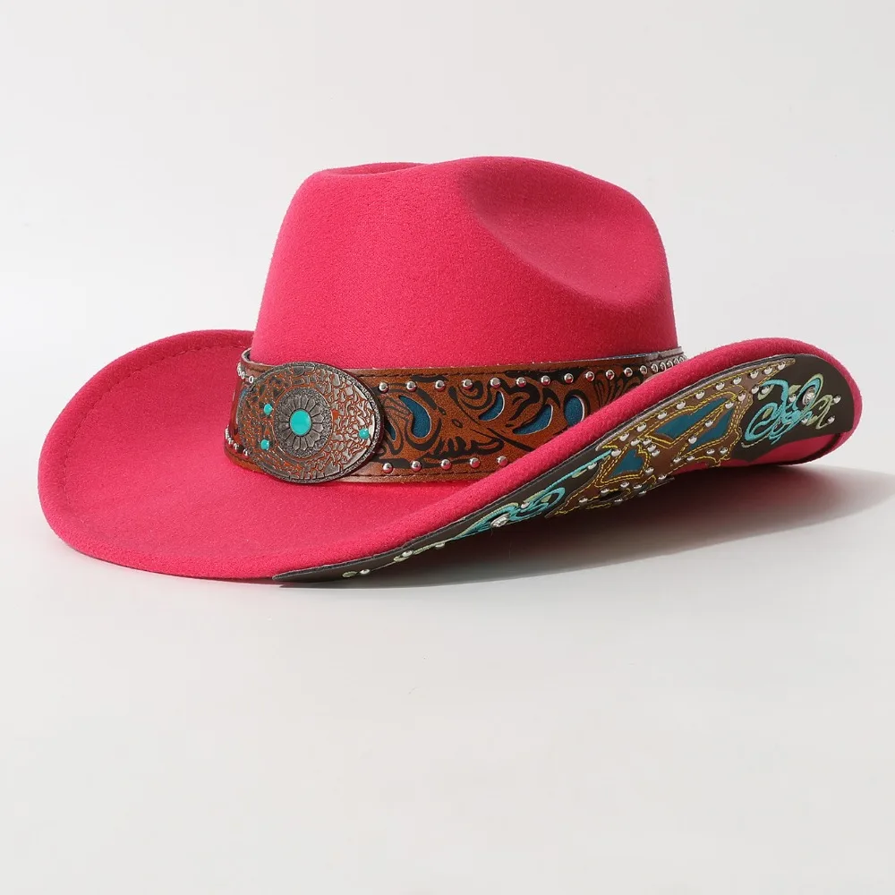 Turquoise Decor Western Cowboy Hat Embossed Band Vintage Cowgirl Hat Retro American Style Wide Brim Sun Hat For Women Man
