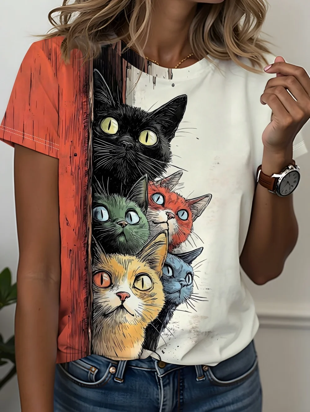 Women's Playful T-Shirt Cartoon Cat Pattern Tops Summer O-Neck Short Sleeve Tees Female Harajuku Street Y2k Oversized Clothing