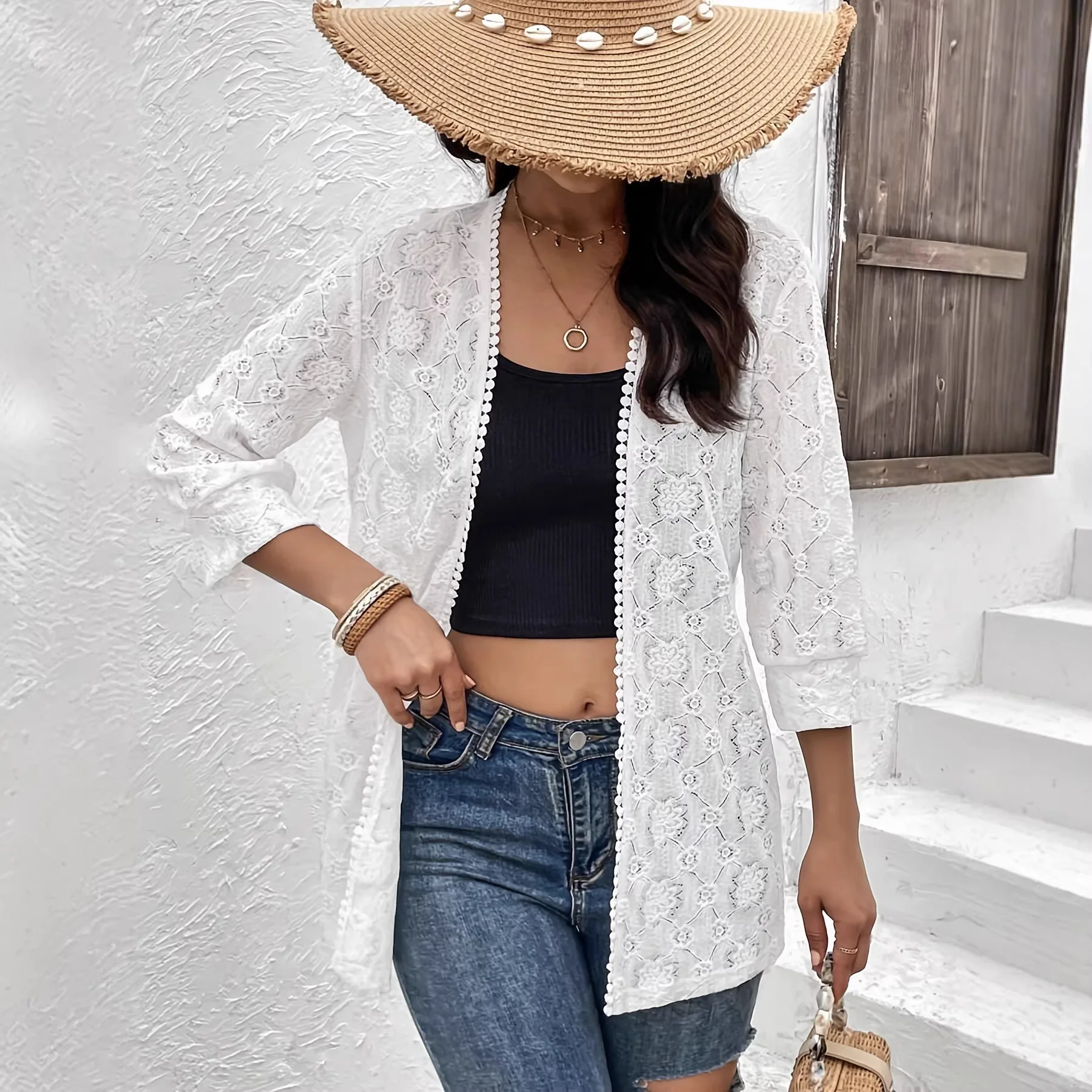 Elegant Lace Trim Cardigan Open Front Jacket Blouse Tops Women Spring Summer Casual Outerwear