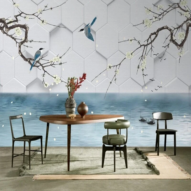 Original pink-flowered ink-wash painting of distant mountains for living room, TV, home decoration background and wall