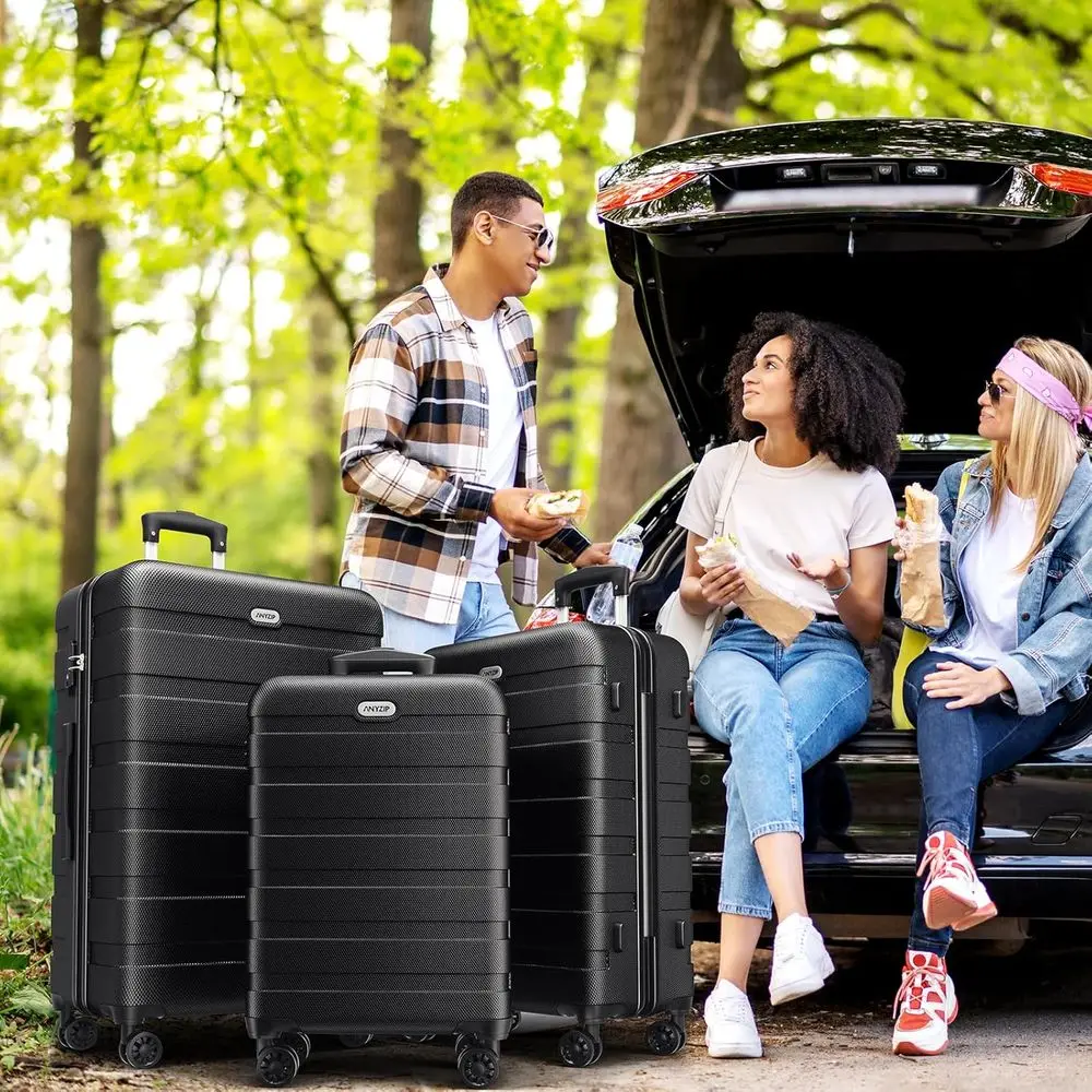 مجموعة حقائب سفر صلبة مكونة من 3 قطع: أمتعة سفر ABS خفيفة الوزن مع 4 عجلات دوارة وقفل TSA، 20، 24، 28 أسود