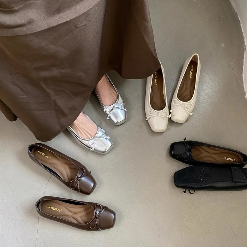 Diseñador oro plata elegante Bowknot punta redonda Mujer comodidad plana Slip-On señoras bailarina solo Mules Zapatos Mujer