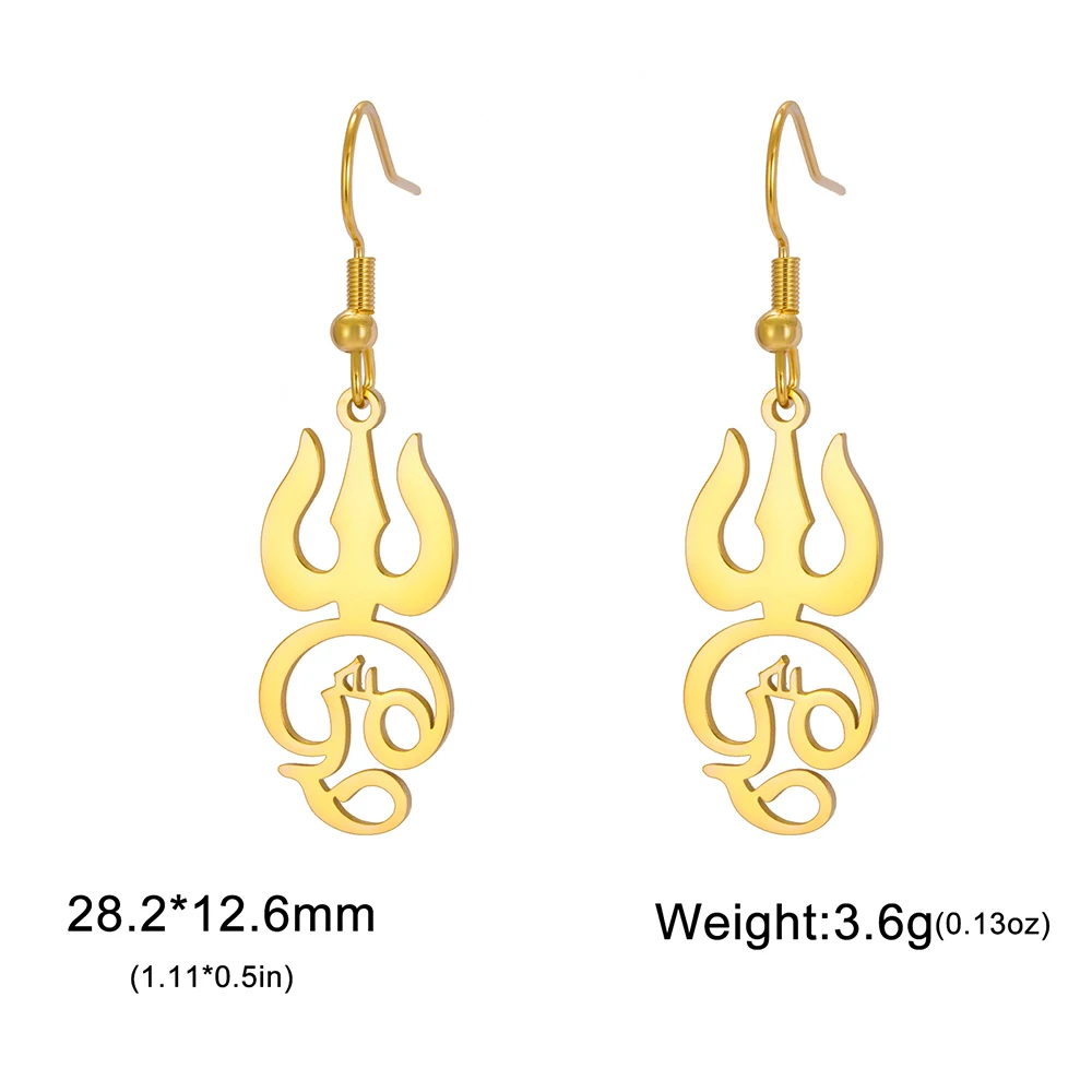 Dawapara Trident Tamil OM Symbol Women Earrings Siva Protection Amulet Hindu Spiritual Pendant Stainless Steel Jewelry