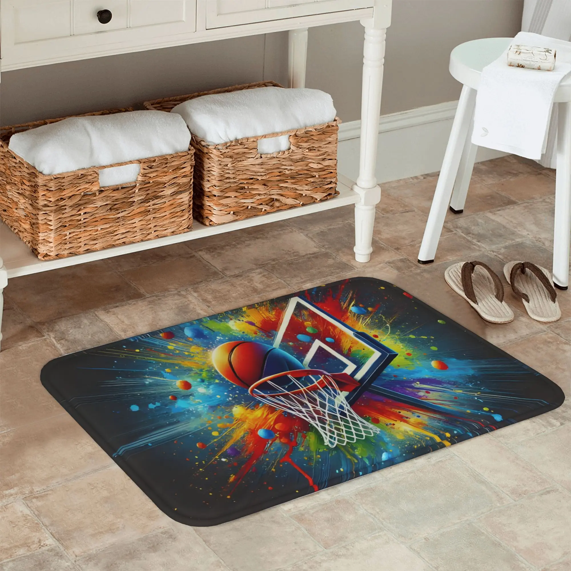 Dynamic Basketball Hoop Doormat - High-Quality Non-Slip Mat, Vibrant Splash Design for Sports Fans and Home Decor Enthusiasts