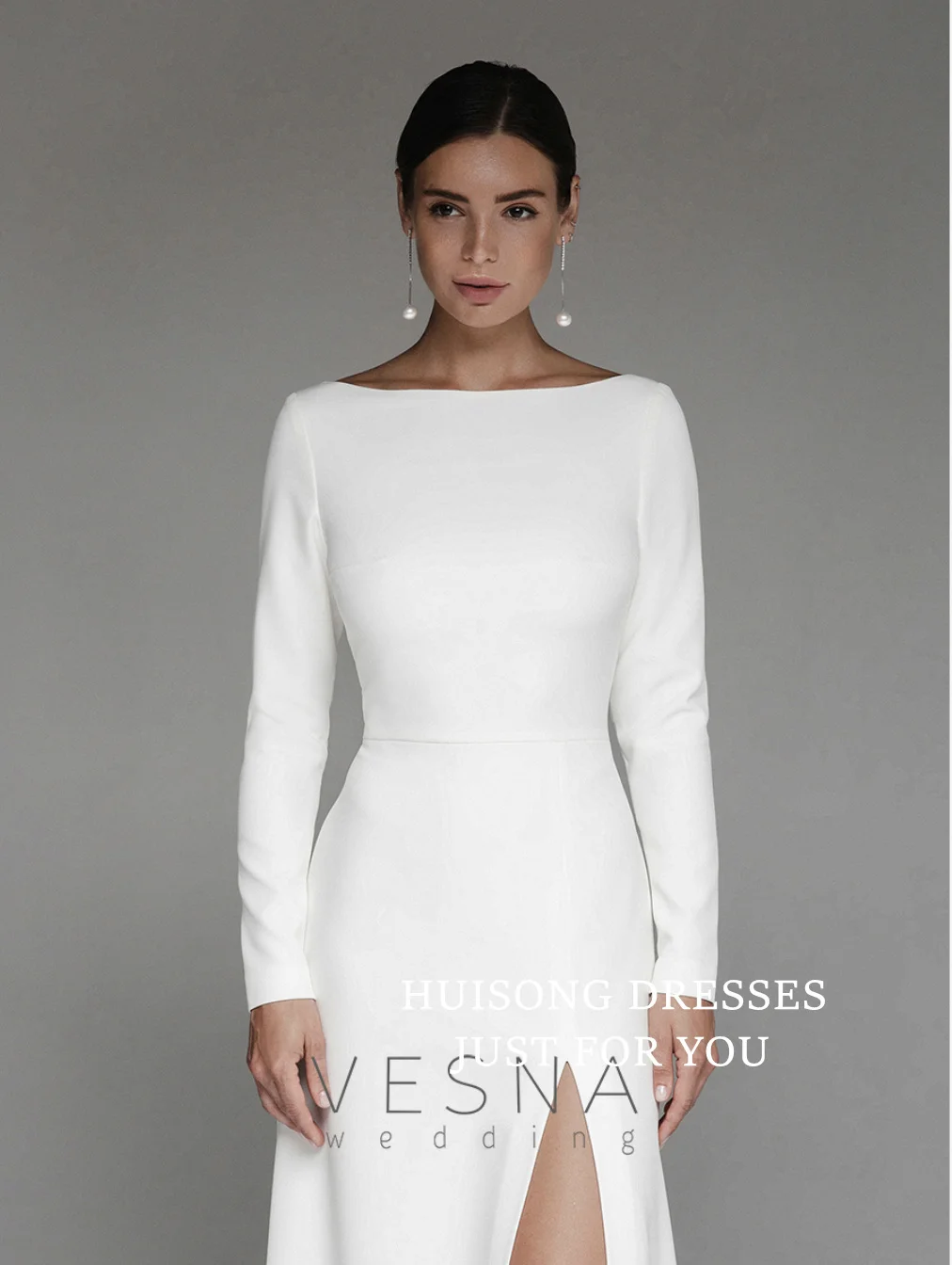 HUISONG Aangepaste Satijnen Zeemeermin Trouwjurken Lange Mouwen O-hals Zijsplit Strand Bruidsjurk JavaScript Aixе