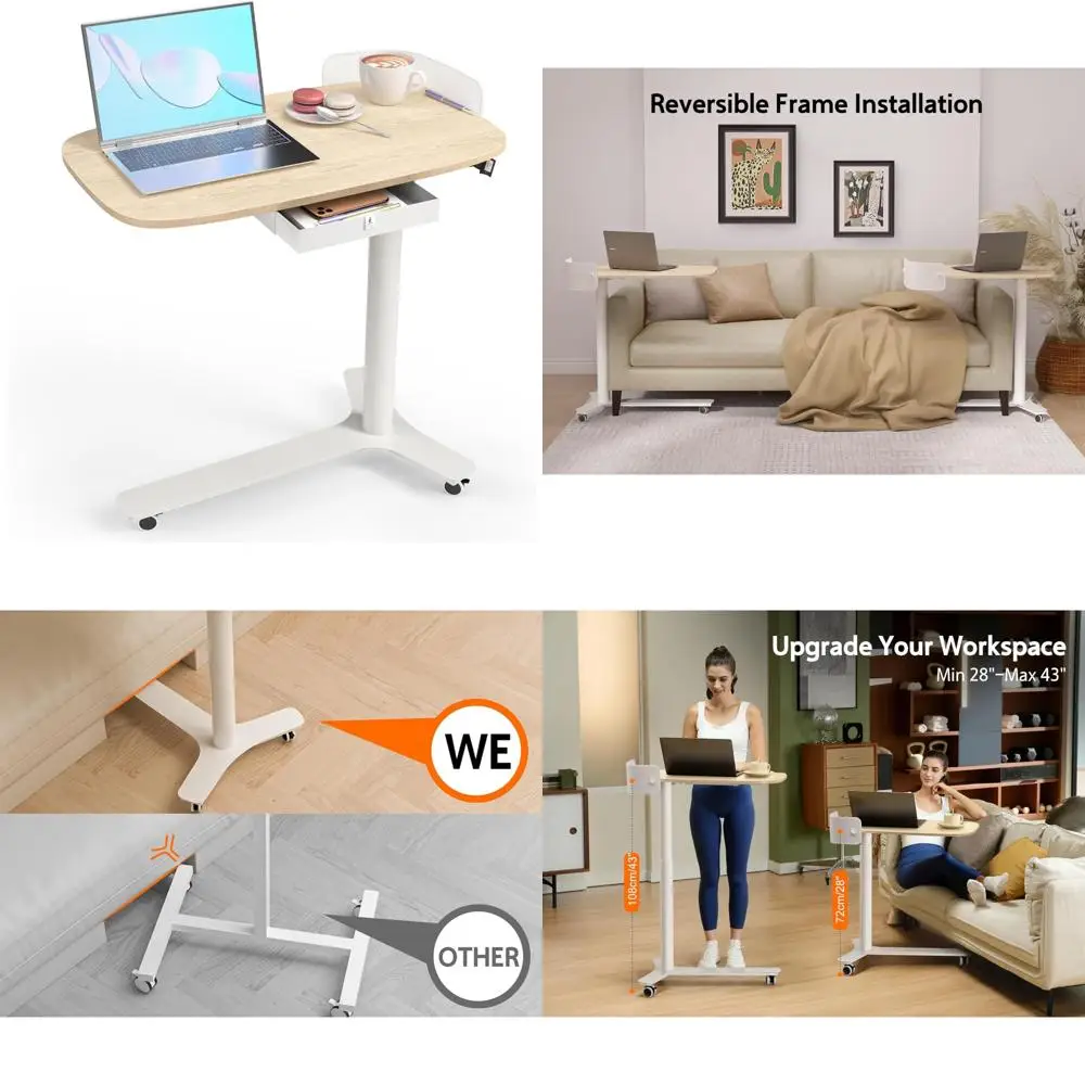 

Adjustable Height Rolling Desk with Drawer and Wheels, Portable Compact Standing Desk for Home Office Use