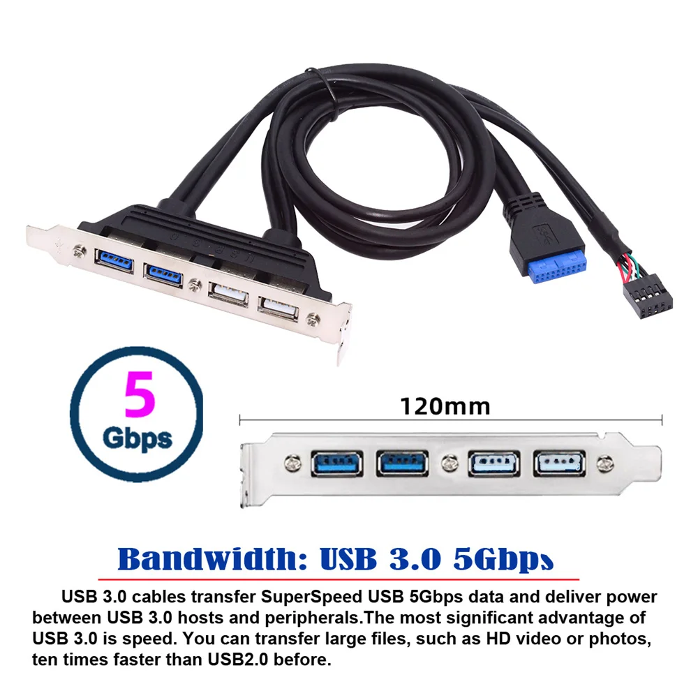 Chenyang USB 3.0 & USB2.0 Internal Four Female Mount Panel to Motherboard 9pin 19pin 20pin Baffle Cable with PCI Bracket 50cm