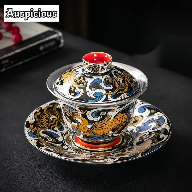 

170ml Handmade Gold Coin Taotie Gaiwan High End Anti Scalding Gilded Silver Tea Tureen Tea Making Bowl Tea Ceremony Collection