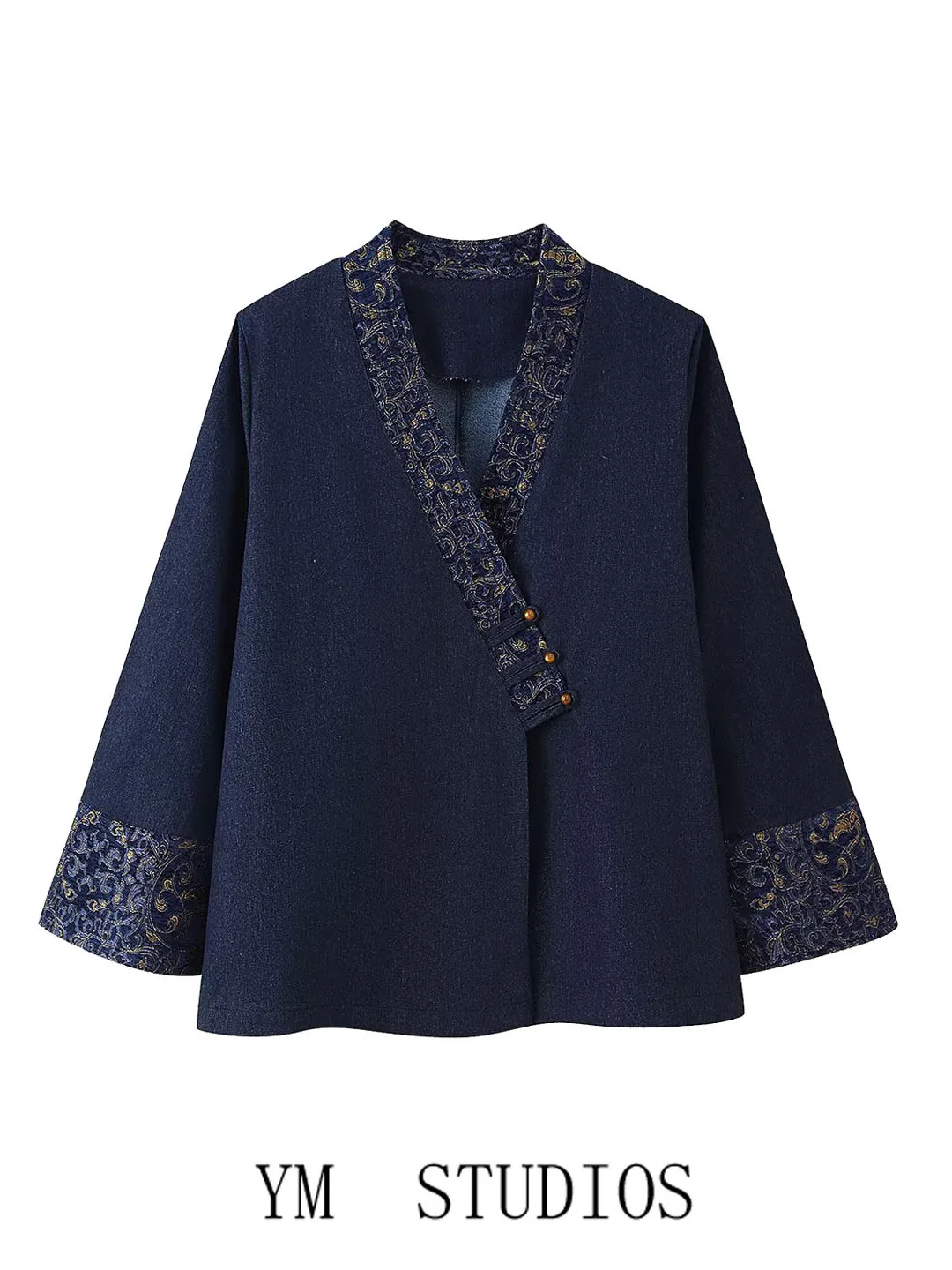 

Женская этническая свободная куртка-кимоно с V-образным вырезом, пэчворком, вышивкой и эффектом денима, весенняя верхняя одежда с длинными рукавами