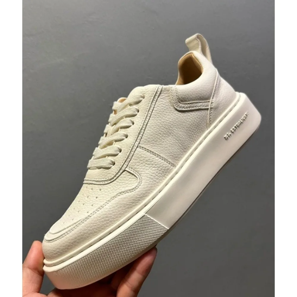 Men's White Leather Lace‑Up Sneakers, Thick Platform Sole Breathable Comfort Casual Board Shoes For Daily Street Style