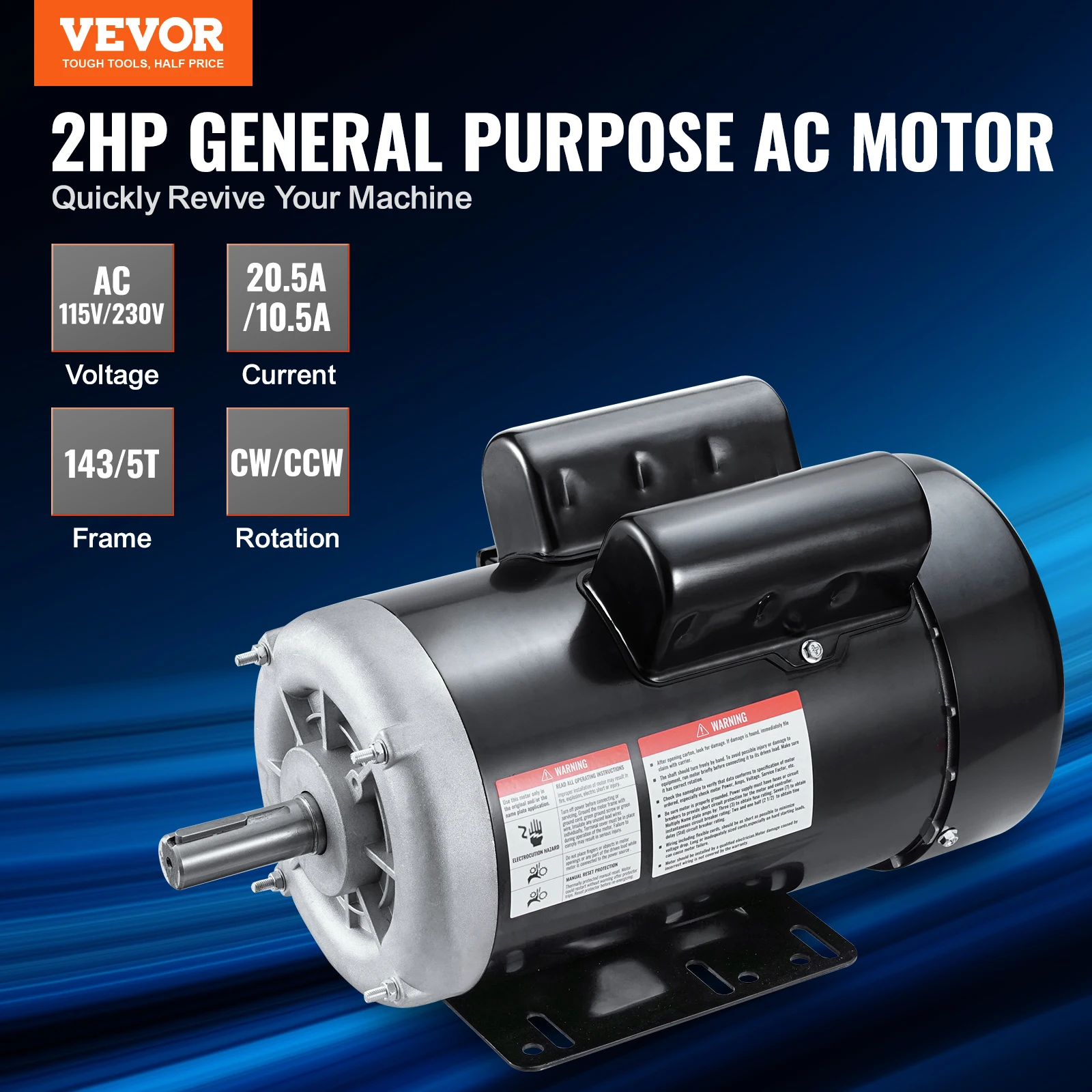 VEVOR 2HP Electric Motor 1725 rpm AC 115V/230V Compressor Motor Single Phase 7/8