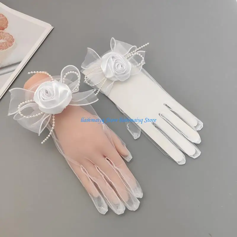 573B ファッションシアーフラワー & ちょう結び装飾手袋弾性ブライダルエチケットショートレース手袋夏シースルー白手袋