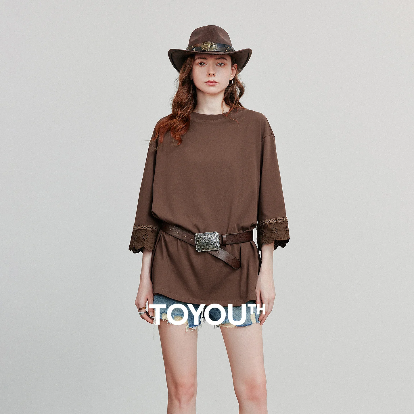 

TOYOUTH женская футболка, осень 2021, новинка, круглый вырез, лоскутное кружево, рукав три четверти, свободные хлопковые топы