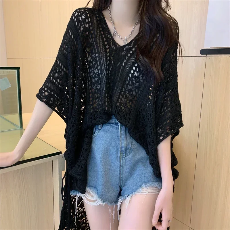 V-Ne Batwing Sve Gestrickte Cover up Lose Fit Abnehmen Sommer Top Frauen Bluse aushöhlen Koreanische T-shirt