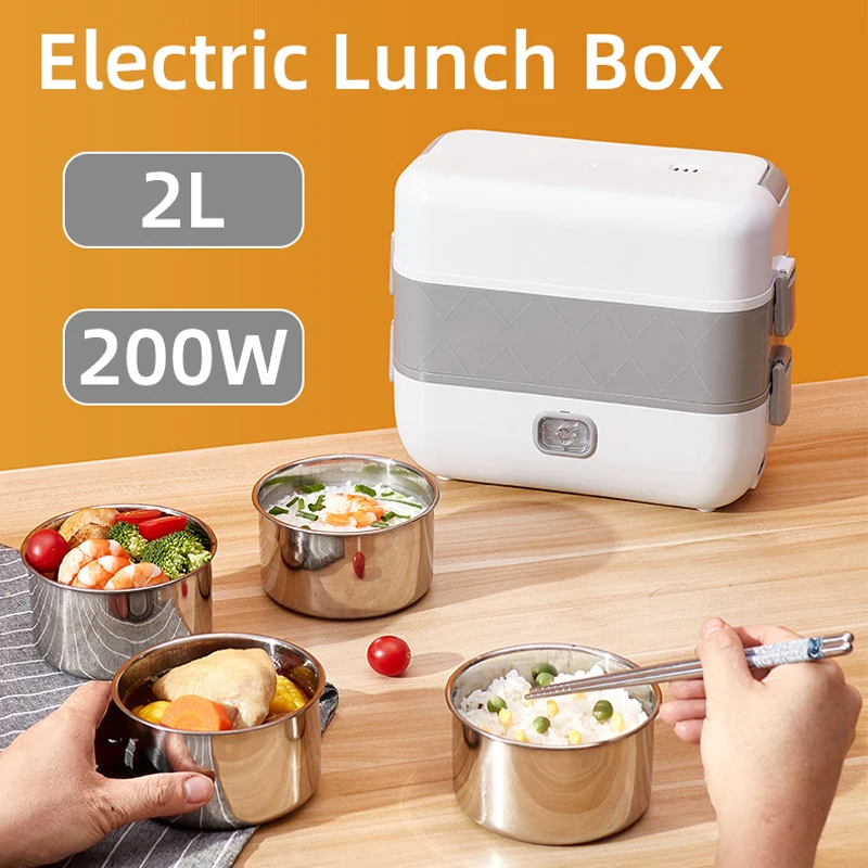 200W Electric Heating Container,2L Portable Electric Lunch Box,Double Layer Four Gallbladder, Office Use ,304 Stainless Steel