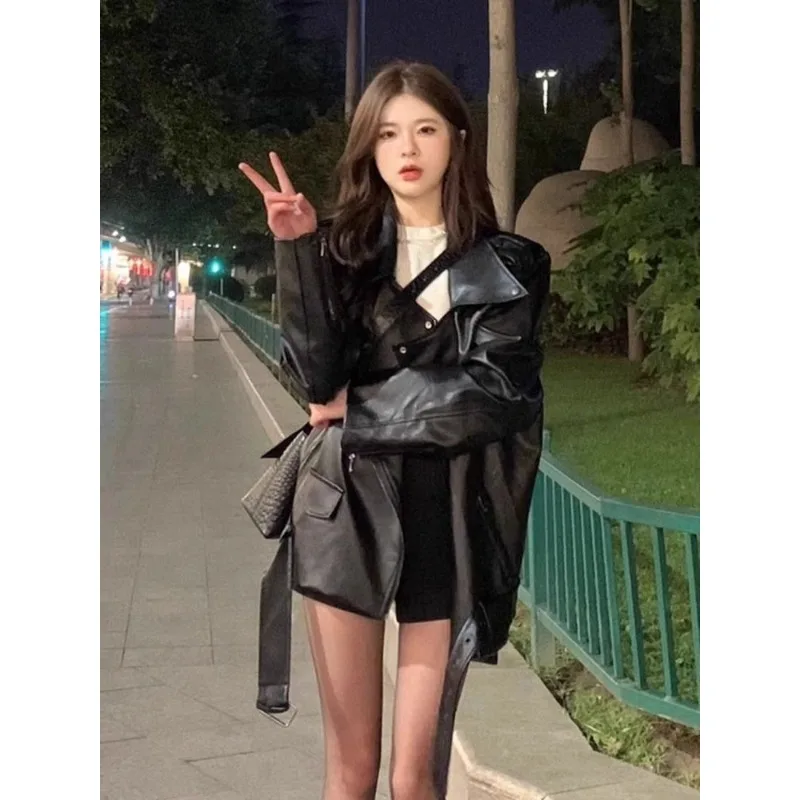Y2k Chain Patchwork Zipper Long Sleeve Women Pu Jacket Casual Chic Fashion Tops  All Match Loose Roupas Femininas