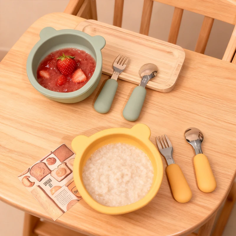 

Baby Silicone Complementary Food Bowl Silicone Children Learning to self feeding training Bowl WIth Stainless steel Fork Spoon