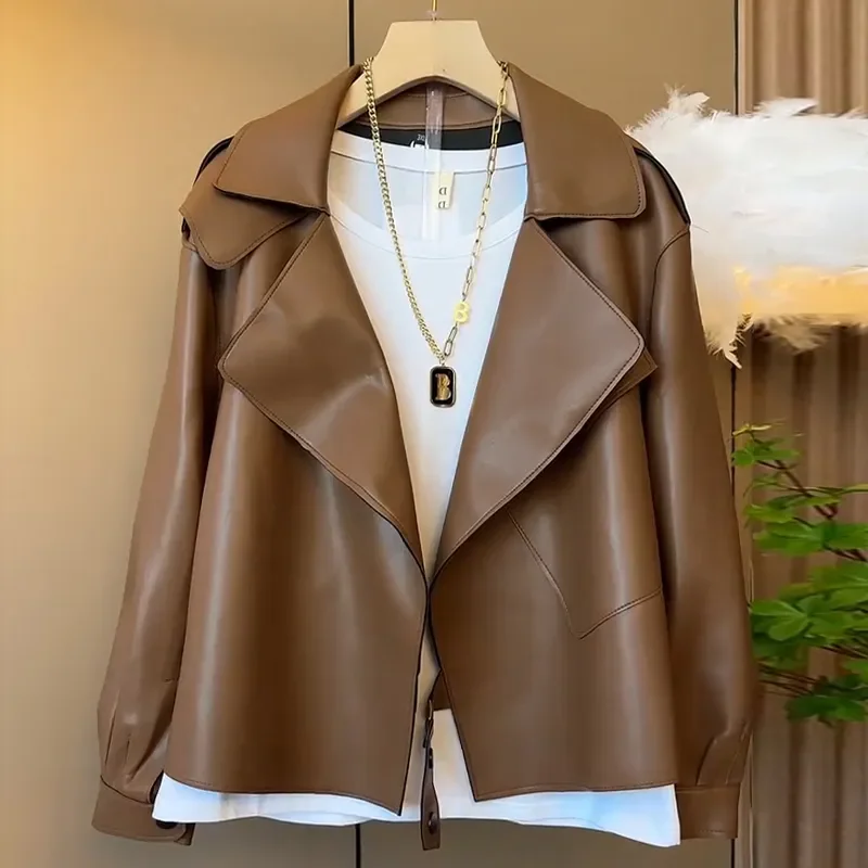 Spring  Autumn New PU Leather Jacket Women's Outwear  Elegant All-Match Loose Flesh Covering Cardigan Short Coat Leather Tops