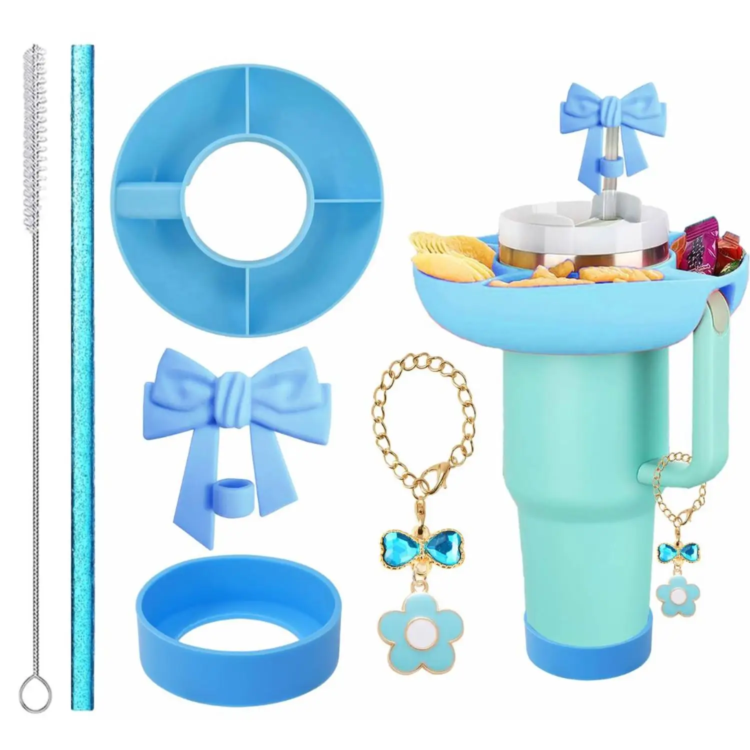 For Silicone Snack Tray with Flower Pendant Straw Topper And Brush Sleeve for Ice Tumblers - Kitchen Dining Accessory