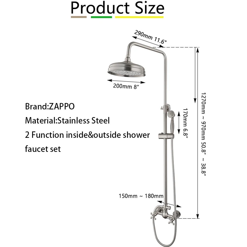 ZAPPO Round Bathroom Shower Set Rainfall Handshower Cold Hot Water Mixer Shower System Nickel Brush Shower Faucets Tap