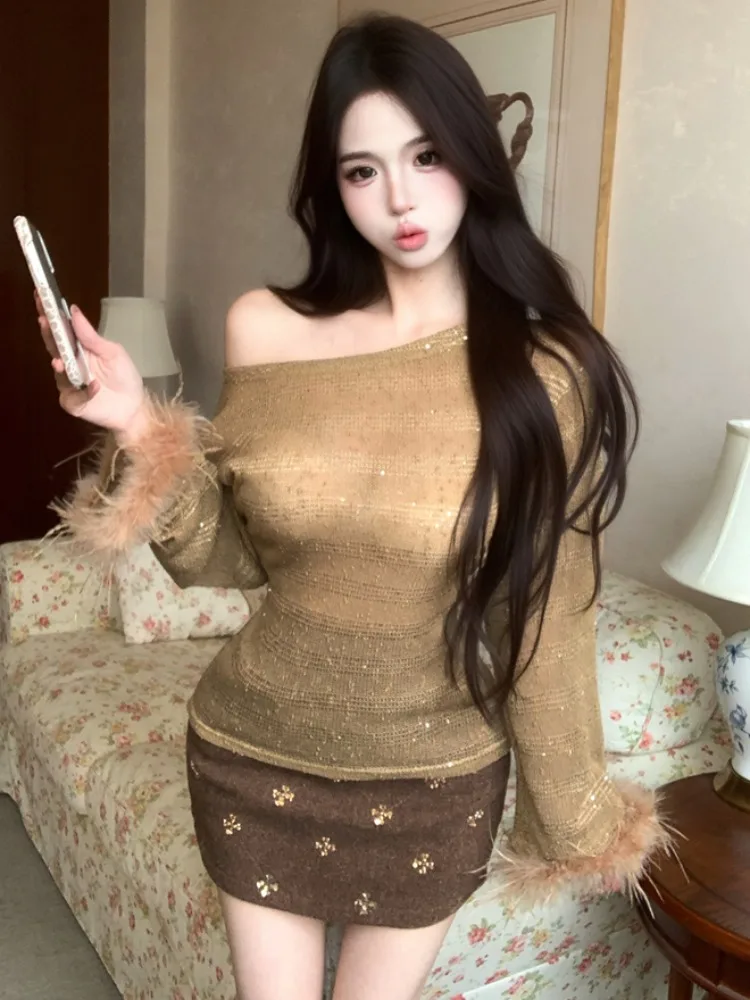 

Korean Style Pure Desire Spicy Girl Slope Shoulder Plush Splice Long Sleeve Sweater Women's Winter Sequin Wrap around Sk...