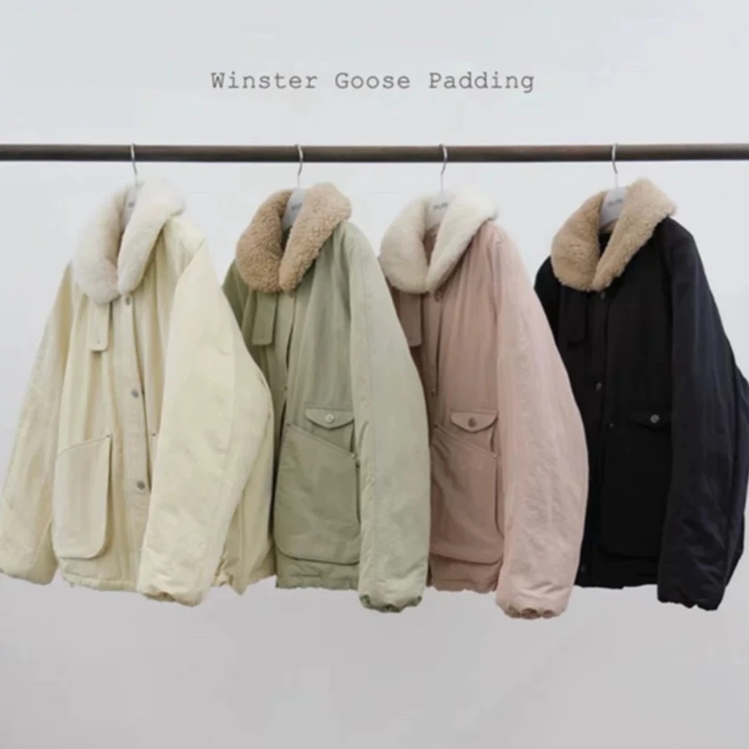 

Warm Lightweight Goose down Jaet Lamb Fur Collar Loose Fit Commute Sle Women's Puffer Coat Thiened Winter Outerwear