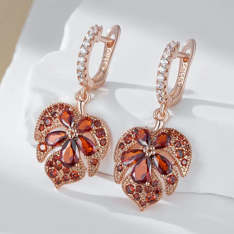 Kinel التصميم الأصلي لامعة الأحمر الطبيعي الزركون مابل ليف أقراط للنساء موضة 585 ارتفع الذهب اللون اليومية غرامة مجوهرات #3