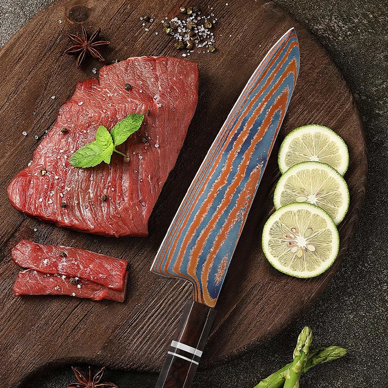 

8 inch Kitchen Knife Timascus knife blade Titanium Damascus steel Super sharp kitchen knife Ebony Wood Handle