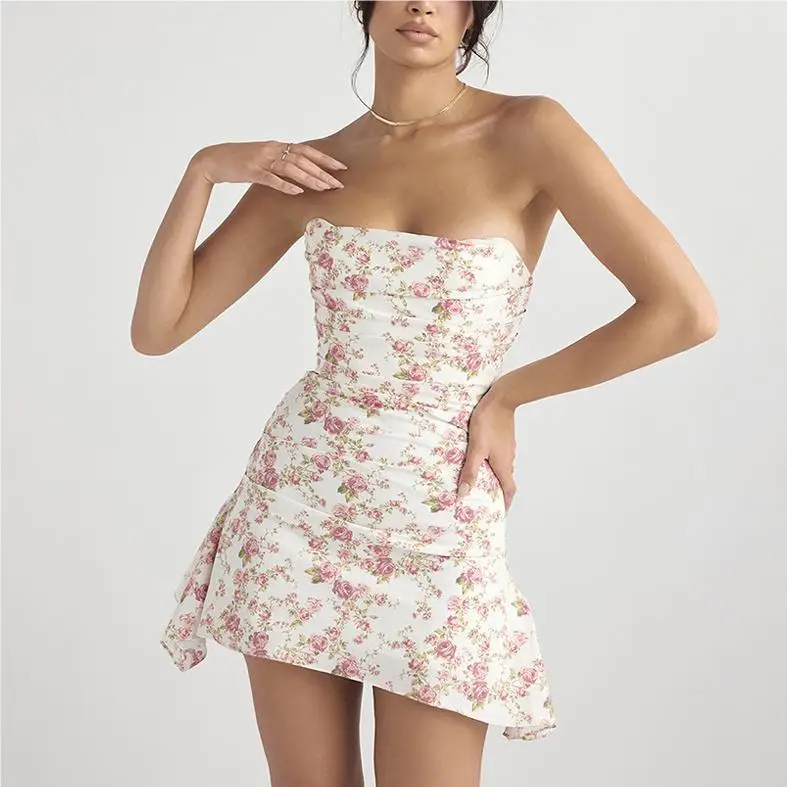 Mini dresses for women 2023 Summer new in dresses evening party dresses elegant sexy dress pink floral print off shoulder dress