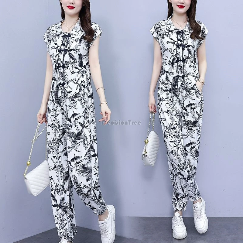 2024 summer new chinese disc button ink print suit set women fashion style short sleeve top harun trousers two-piece set w825