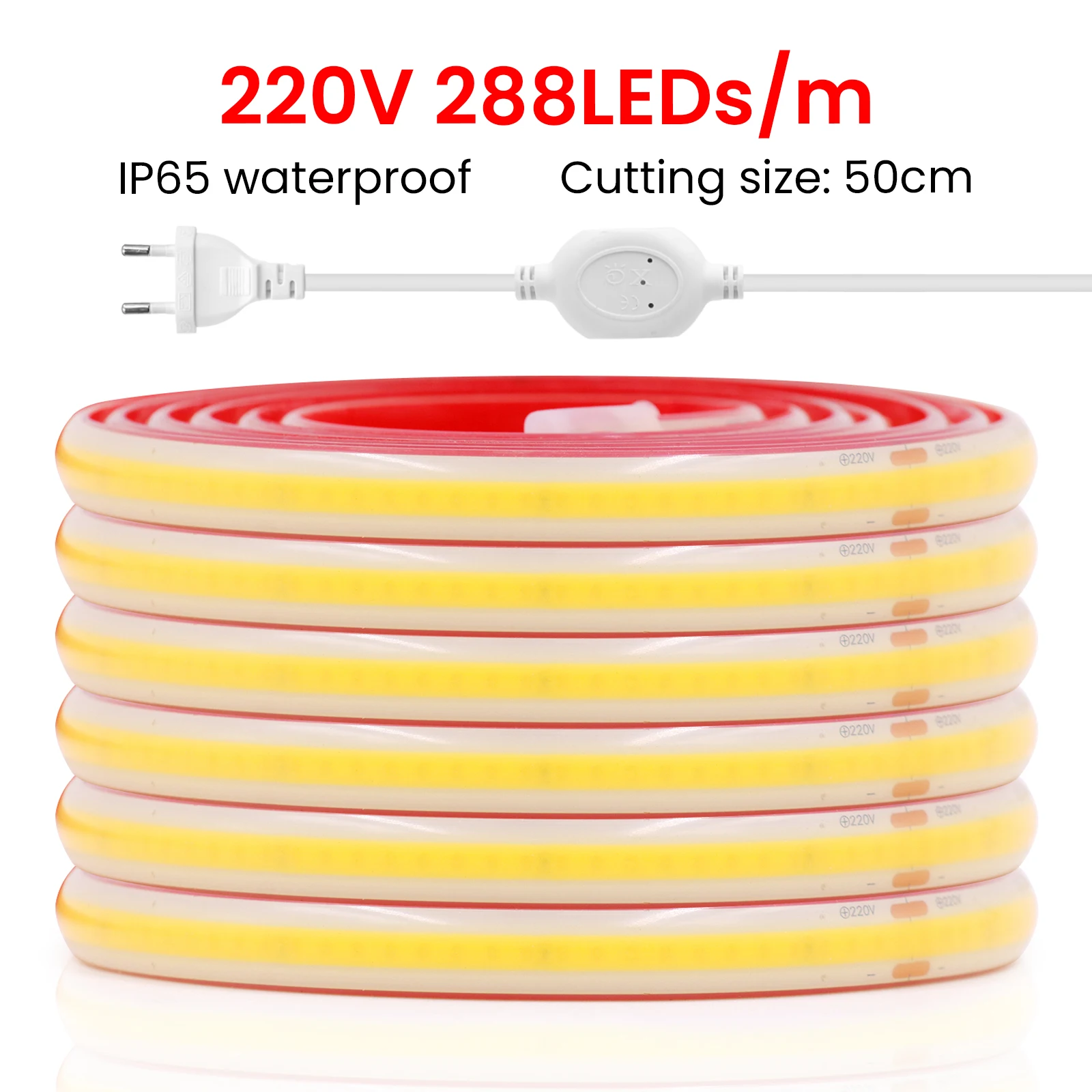 220V COB LED Strip Light with Strong Adhesive Tape 288LEDs Flexible LED Tape IP65 Waterproof COB LED Lights Density Linear Light