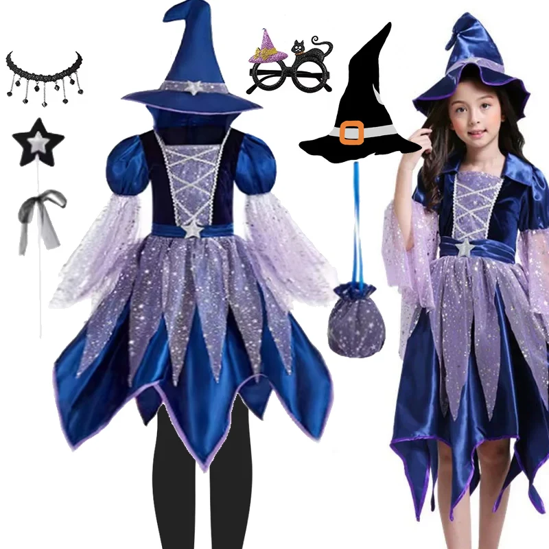 Girls Witch Halloween Full Costume Set Blue‑Purple Star Glitter Tulle Dress Hat Magic Wand Candy Pouch Holiday Party Fancy Dress