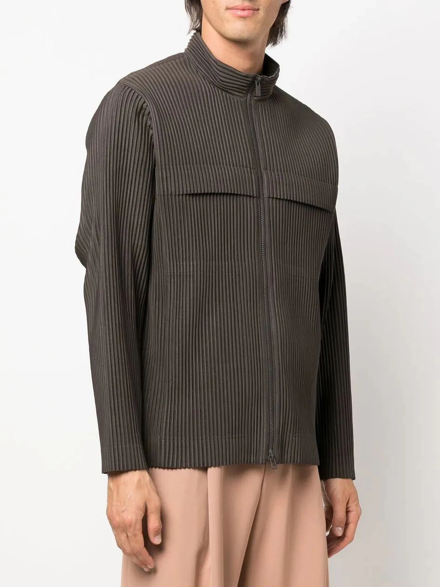 

MI TEMPIO Men's Elegant Pleated Jackets for Men Full Zip Up Work Solid Softshell Jacket with Stand Collar Outwear Man Clothing