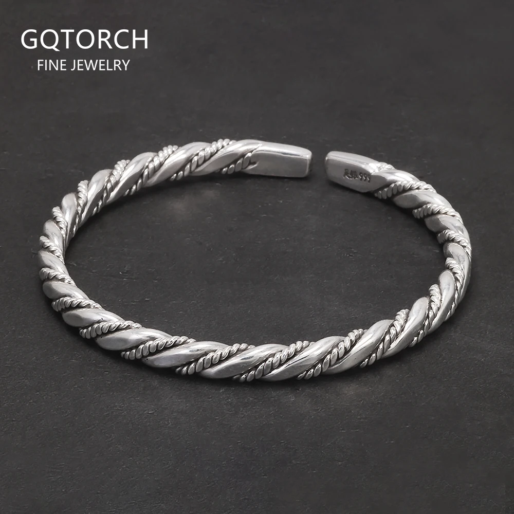 999 Pure Silver Twisted Cuff Bracelet for Men Women Fashion Vintage Infinity Open Cuff Bangle Retro Party Jewelry Gifts