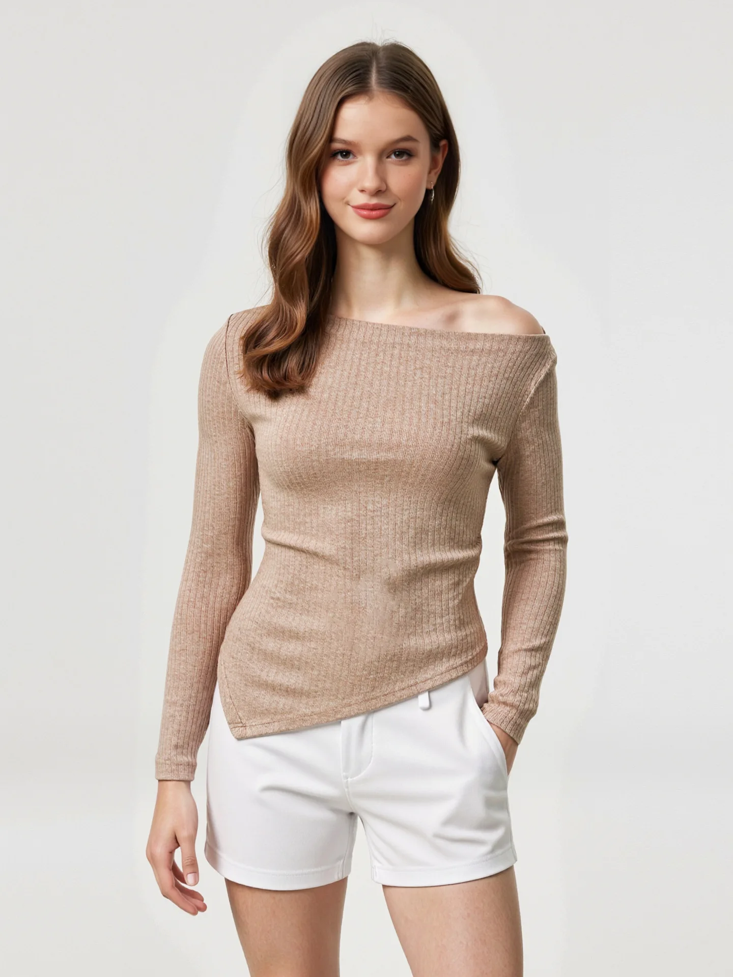 

Модный осенний Новое поступление, женский облегающий стиль, качественный элегантный серый асимметричный вязаный топ с длинными рукавами и плечами