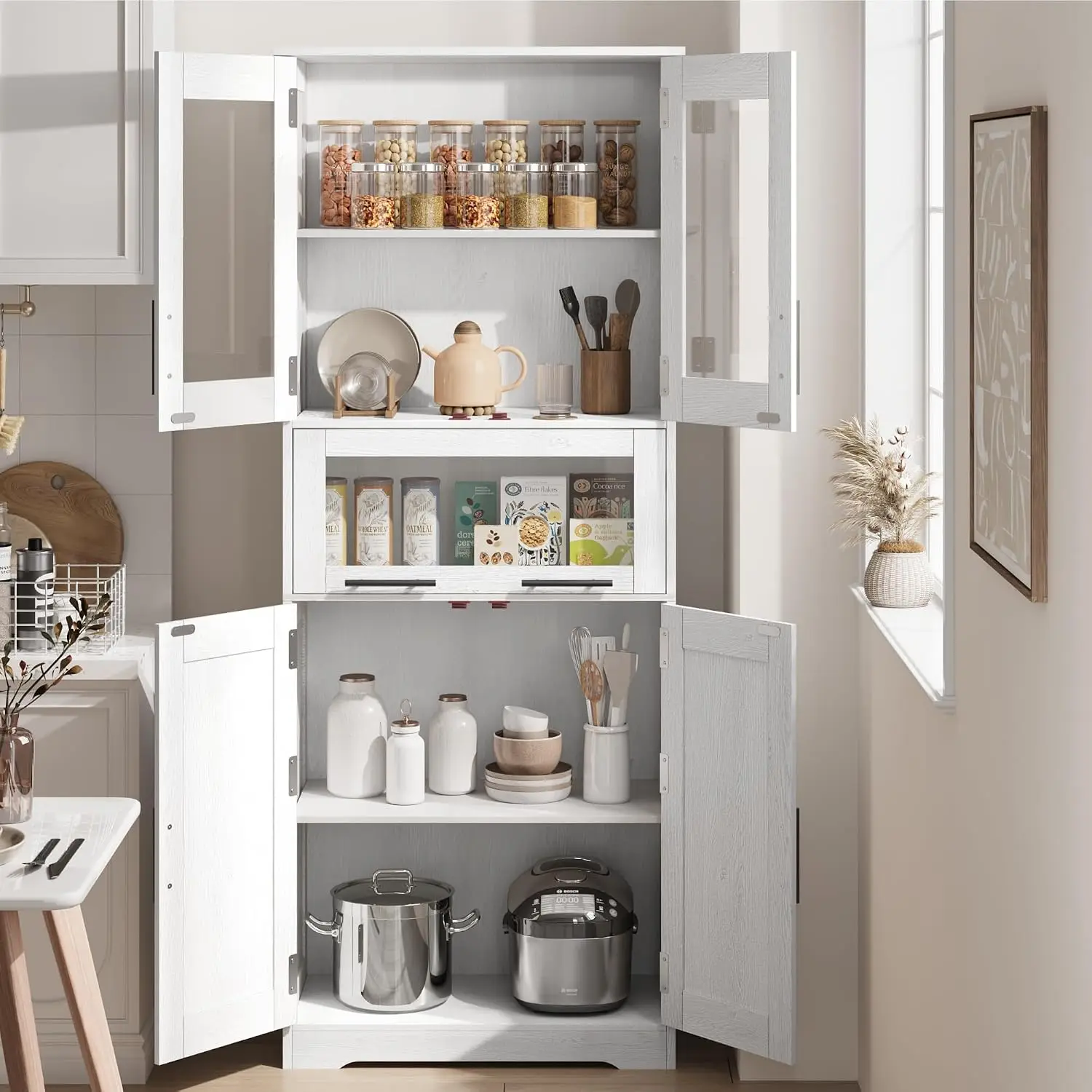 Garvee Home Tall Bathroom Cabinet 67 in Storage Cabinet with Glass Doors and Adjustable Shelf Freestanding Cupboard for Small Spaces, Laundry, Living Room, Kitchen Pantry