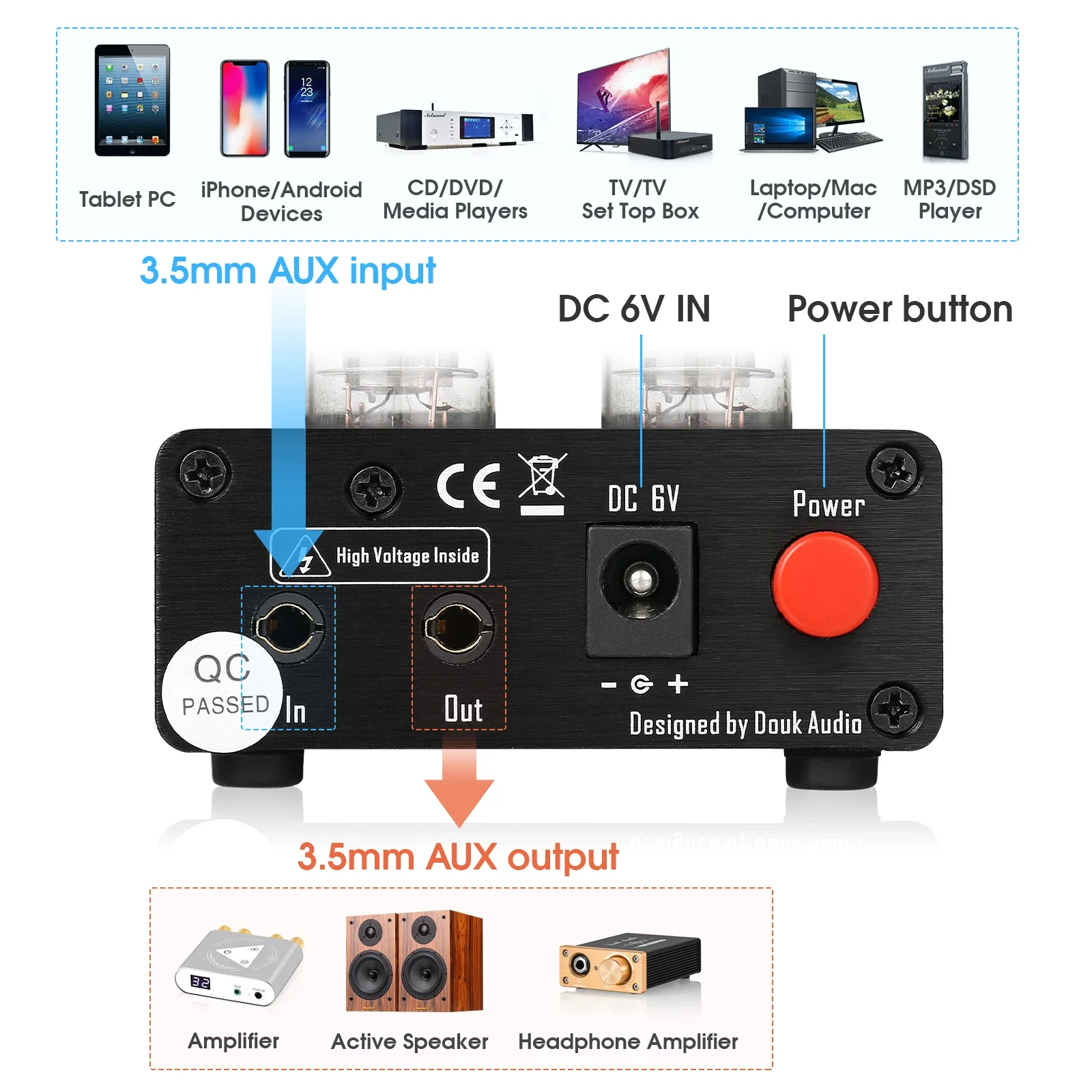 Douk audio HiFi 6J1 Tube Pre-Amplifier Stereo Class A Mini Pre-Amp For Digital Power Amplifier With Treble&Bass Tone Control