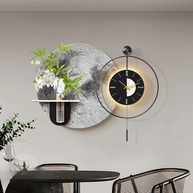 Restaurant Decorative Painting High-end Dining Table Background Wall Hanging Painting Green Plant Clock Combination Mural view 2