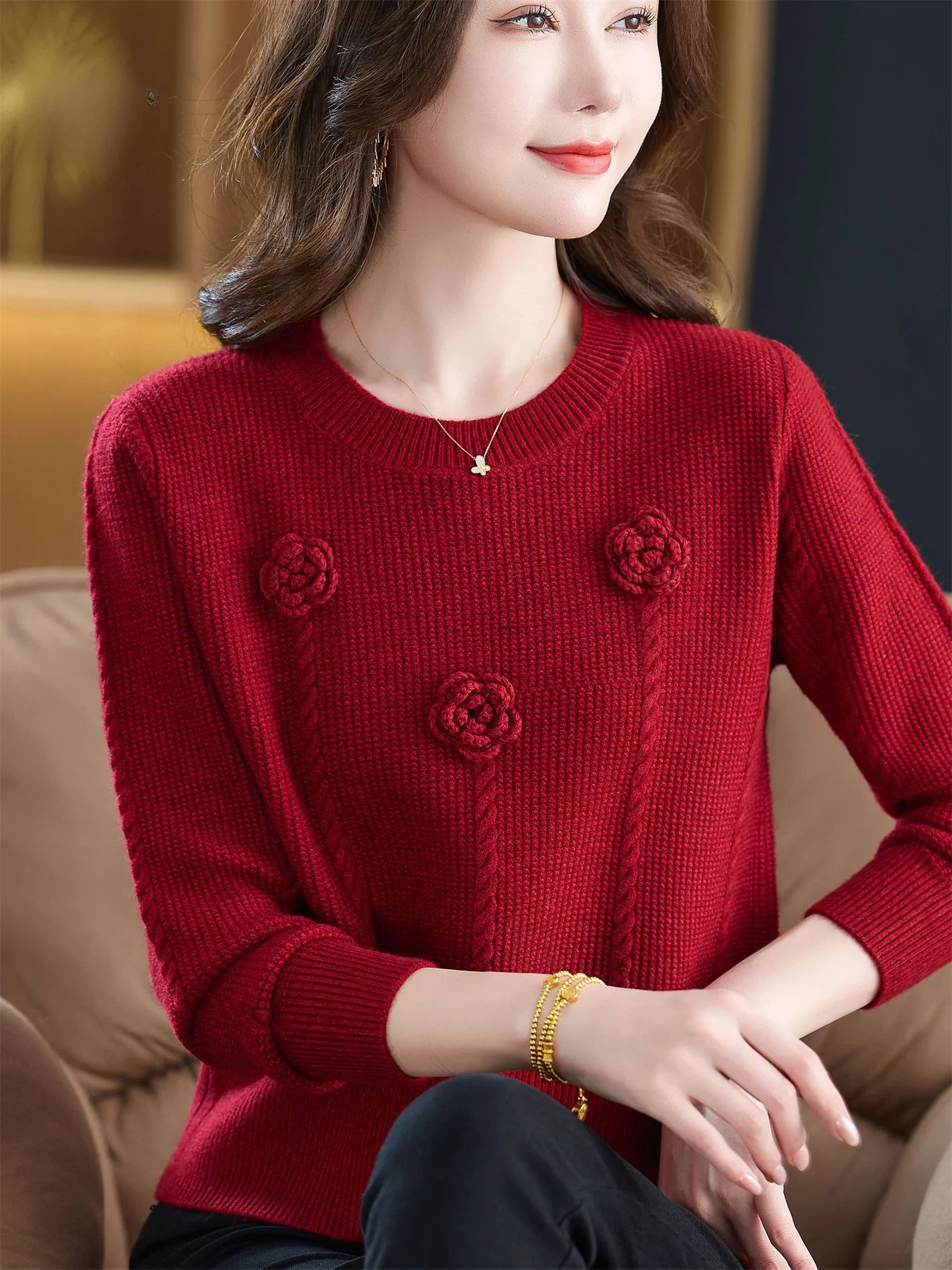 

Faionable round Ne Knitted Sweater Embroidered Loose Base Layer Top for Young Mothers Middle Aged And ly Women