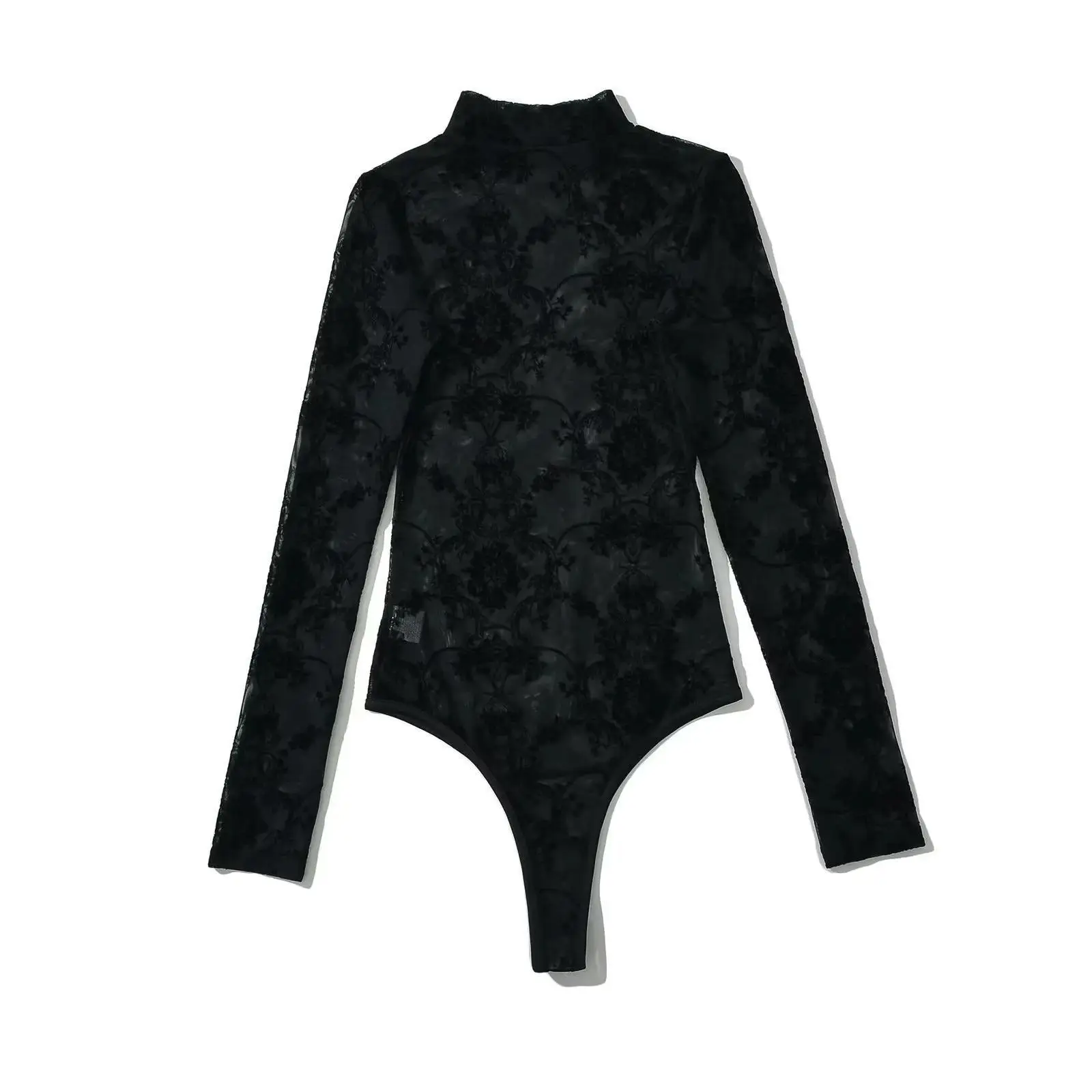 Sexy Perspective Mesh Black Bodysuits Women Floral Long Sleeve Thin Tops Jumpsuits