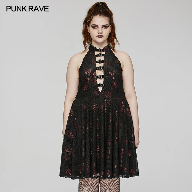 

PUNK RAVE Women's Gothic Gothic Velvet Floral Rose Print Elastic Mesh Dress Sexy Deep V-neck Sleeveless Medium-length Dresses