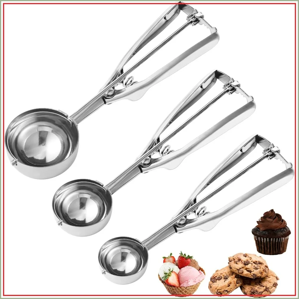 

Cookie Scoop Set of 3 - 1 Tbsp, 2 Tbsp, 3 Tbsp Stainless Steel Dough Scoops with Trigger Release for Baking, Ice Cream, Muffins, Meatballs