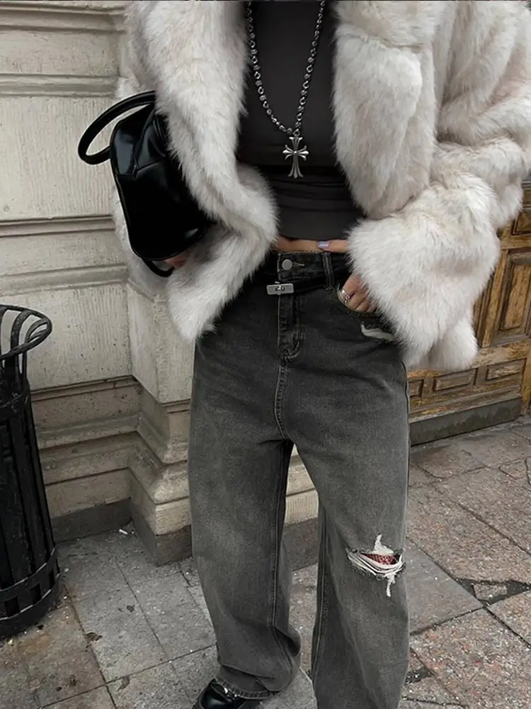 Women Chic Oversized Lapel Gradient Fluffy Fur Coat Autumn Winter Casual Long Sleeve Thick Warm Jacket 2024 Lady High Streetwear