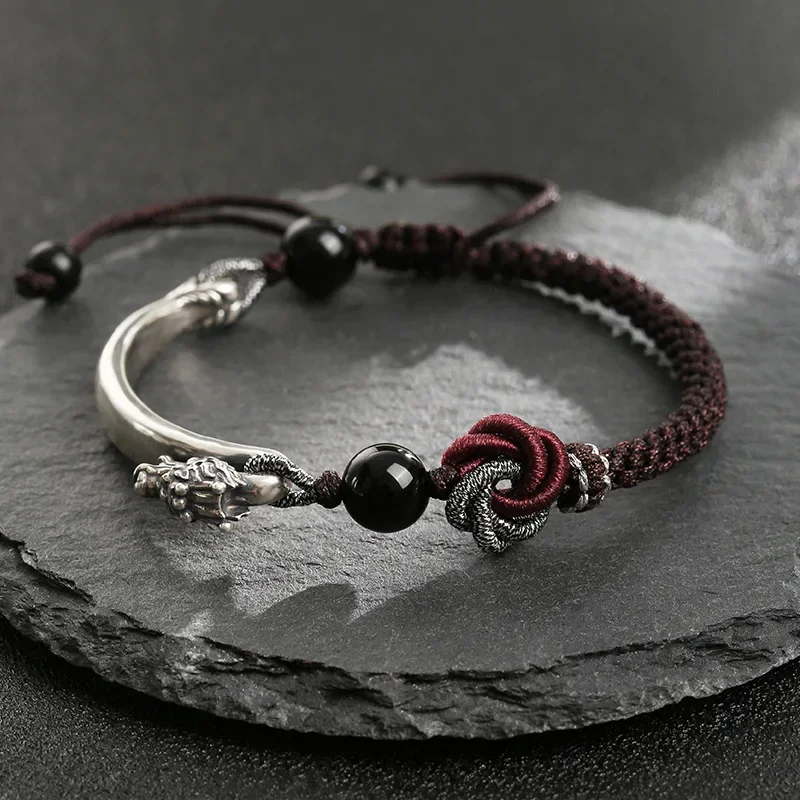 Dragon Knot S925 Silver Half Bracelet Hand Woven Retro Hand Rope Men's Life Year Safe Auspicious Bracelet Boyfriend Gift Jewelry