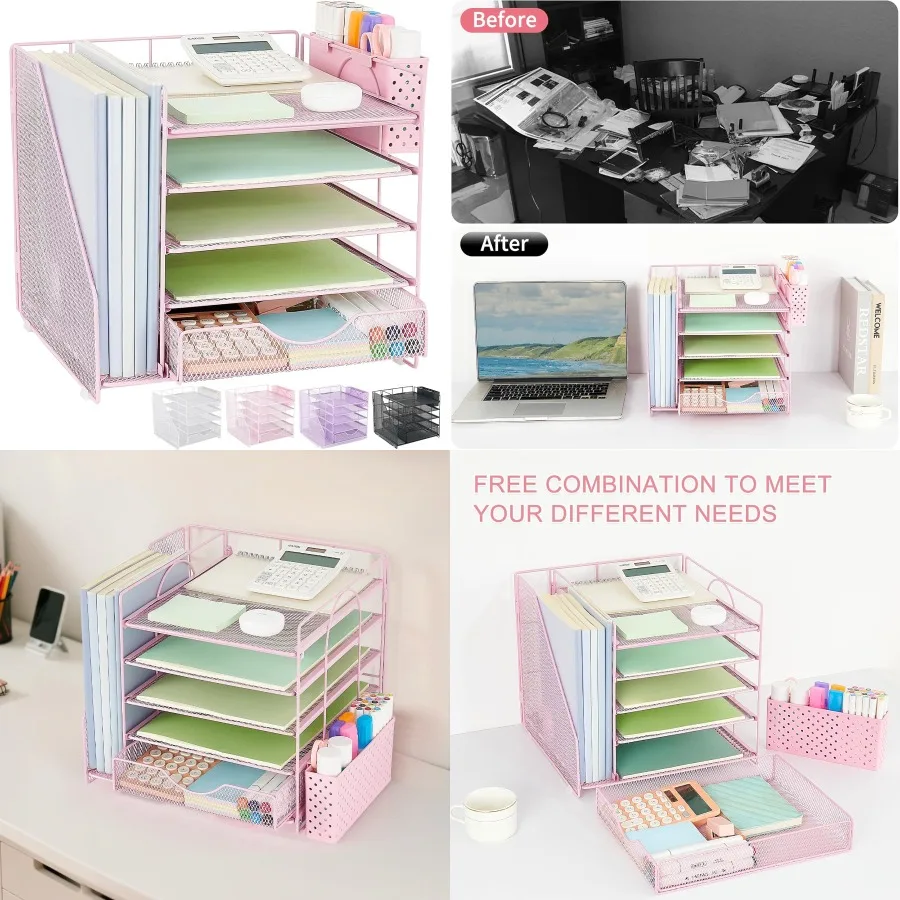 

5-Tier Desk Organizer with Drawer and Pen Holder featuring Paper Letter Tray and File Storage Ideal for Office Workspace Organi